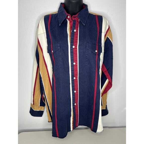 Vintage Wrangler Brushpopper Western Multicolor Pearl Snap Stripe Size Large - Picture 1 of 9